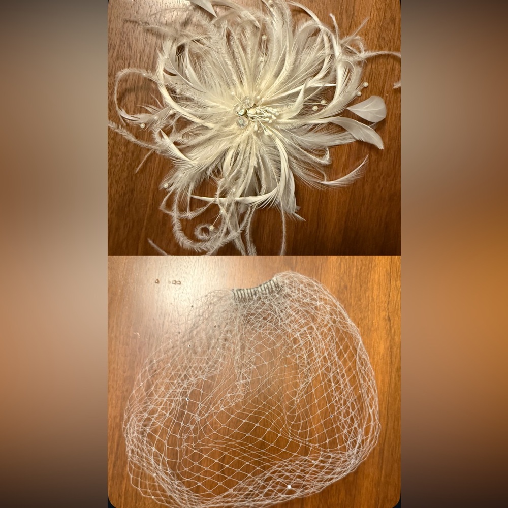 White Feather fascinator and birdcage wedding veil
